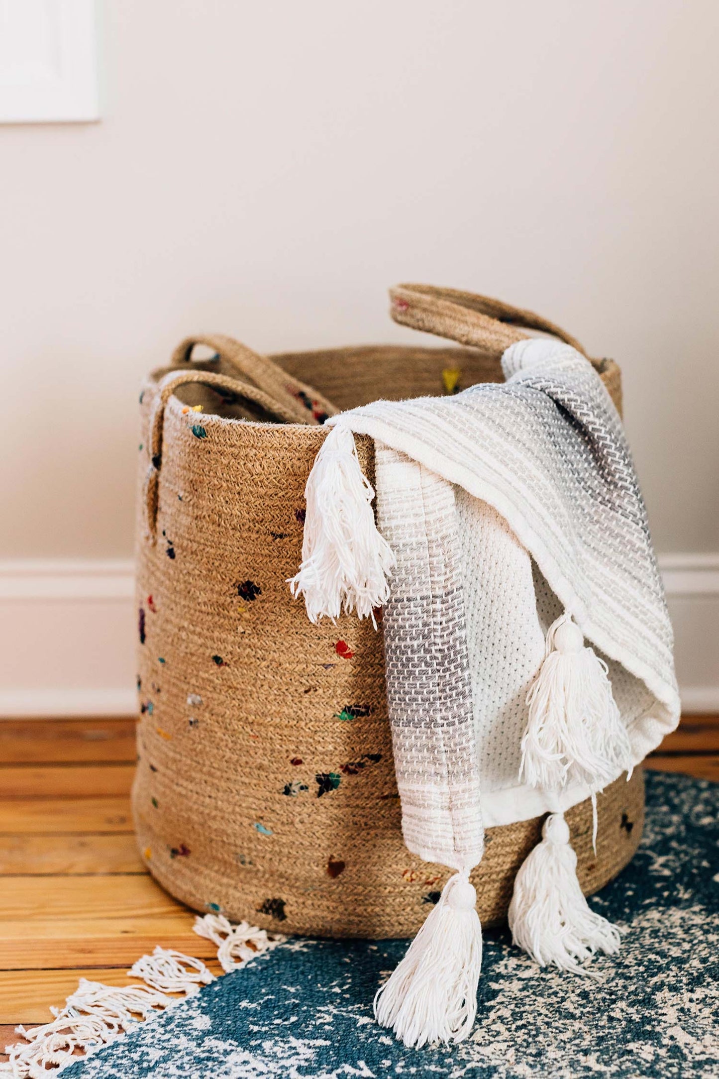 Basket round w/handles jute/sari 14Dx14H brn/multi