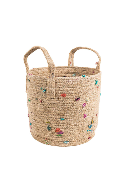 Basket round w/handles jute/sari 10Dx10H brn/multi