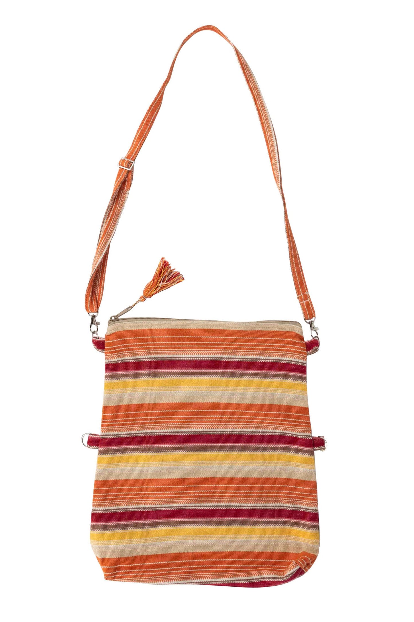 Bag strpd foldover w/tassel cttn 12x15 rd/orng/yel