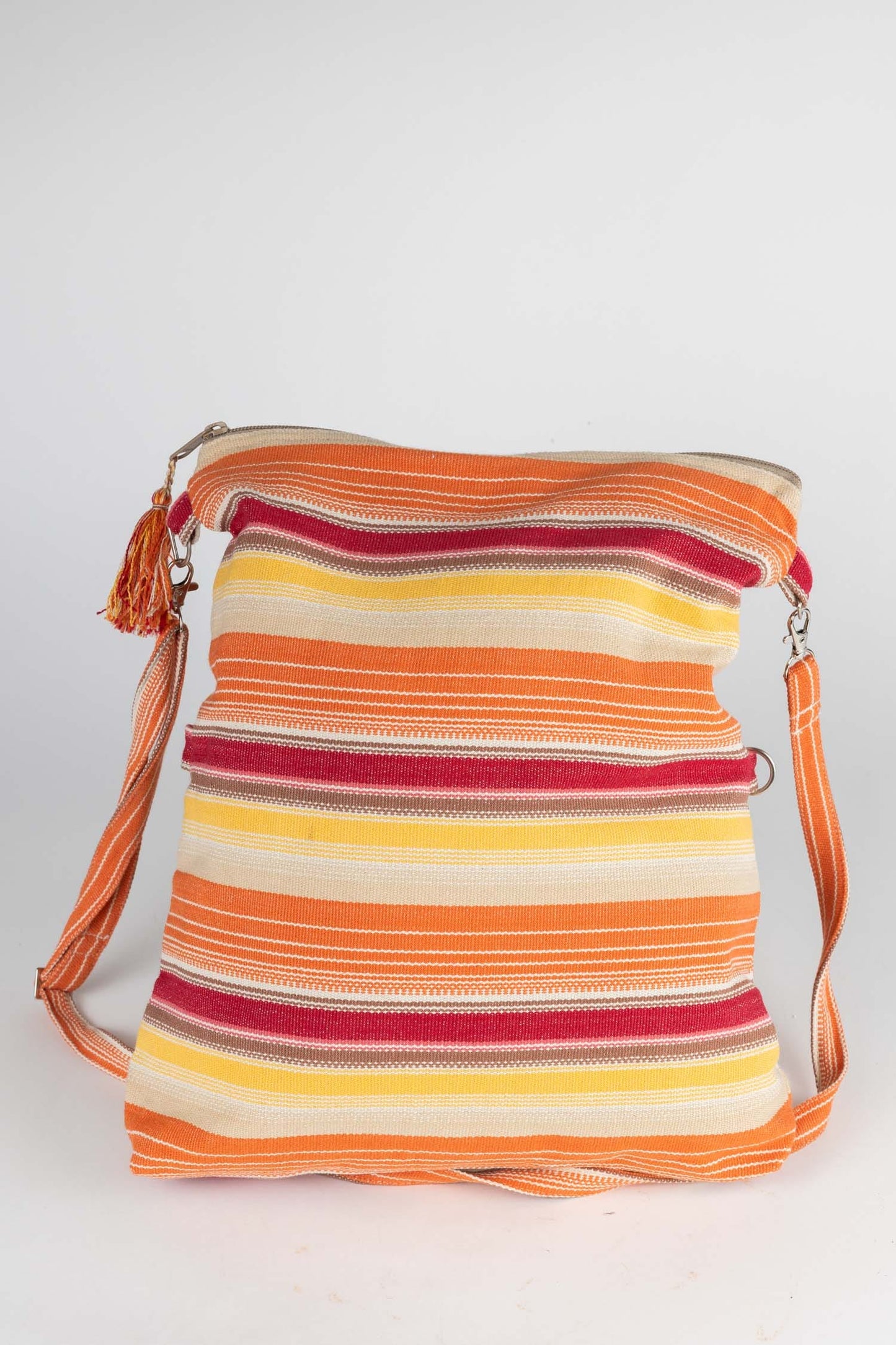 Bag strpd foldover w/tassel cttn 12x15 rd/orng/yel