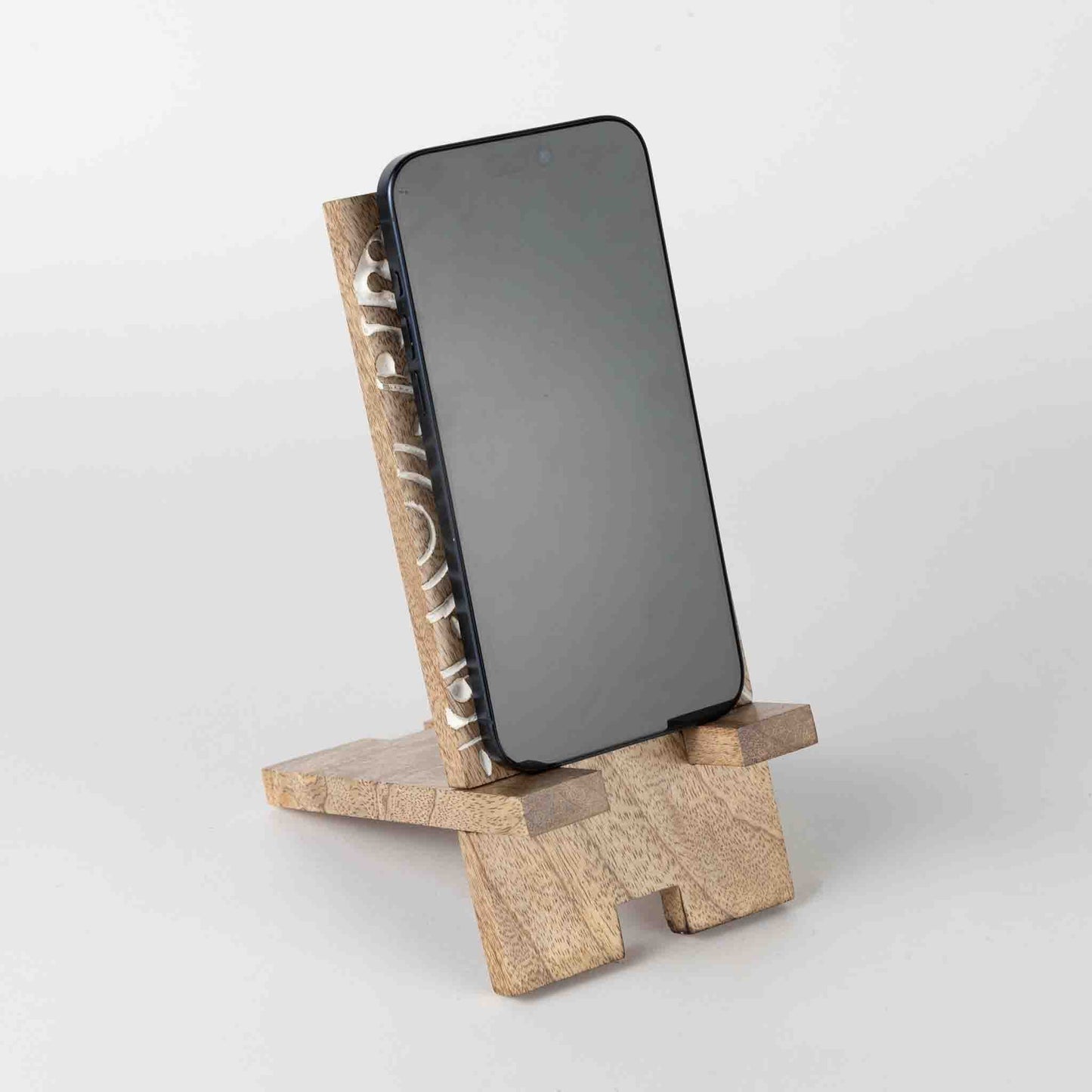 Cell phone stand mandala wood 3.5Wx7.5H nat/wht