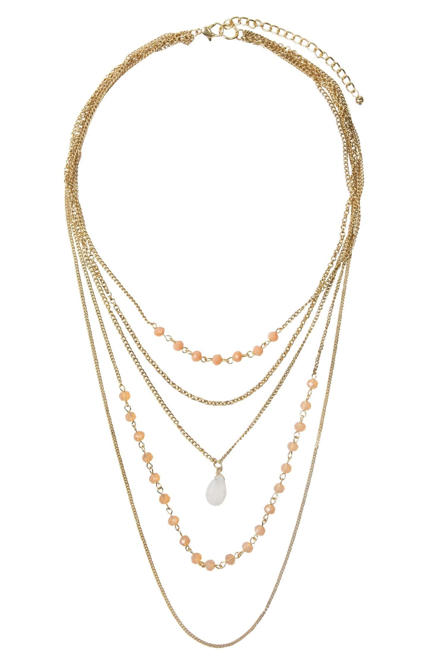 Necklace 5 strand beads/chain 18L gold/peach/white