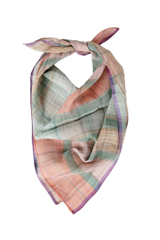 Scarf bandana plaid cotton 22x23 peach/green/tan