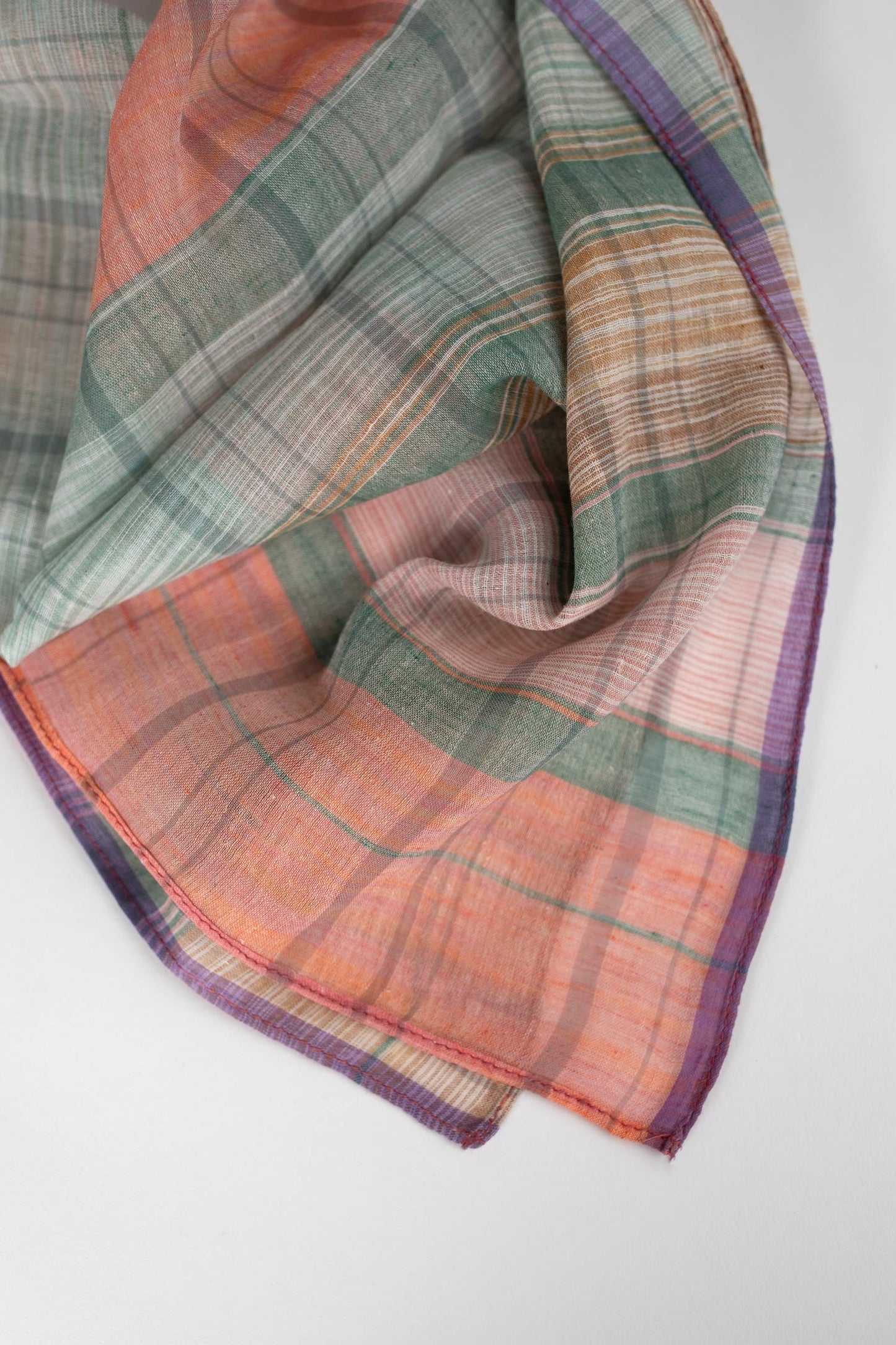 Scarf bandana plaid cotton 22x23 peach/green/tan