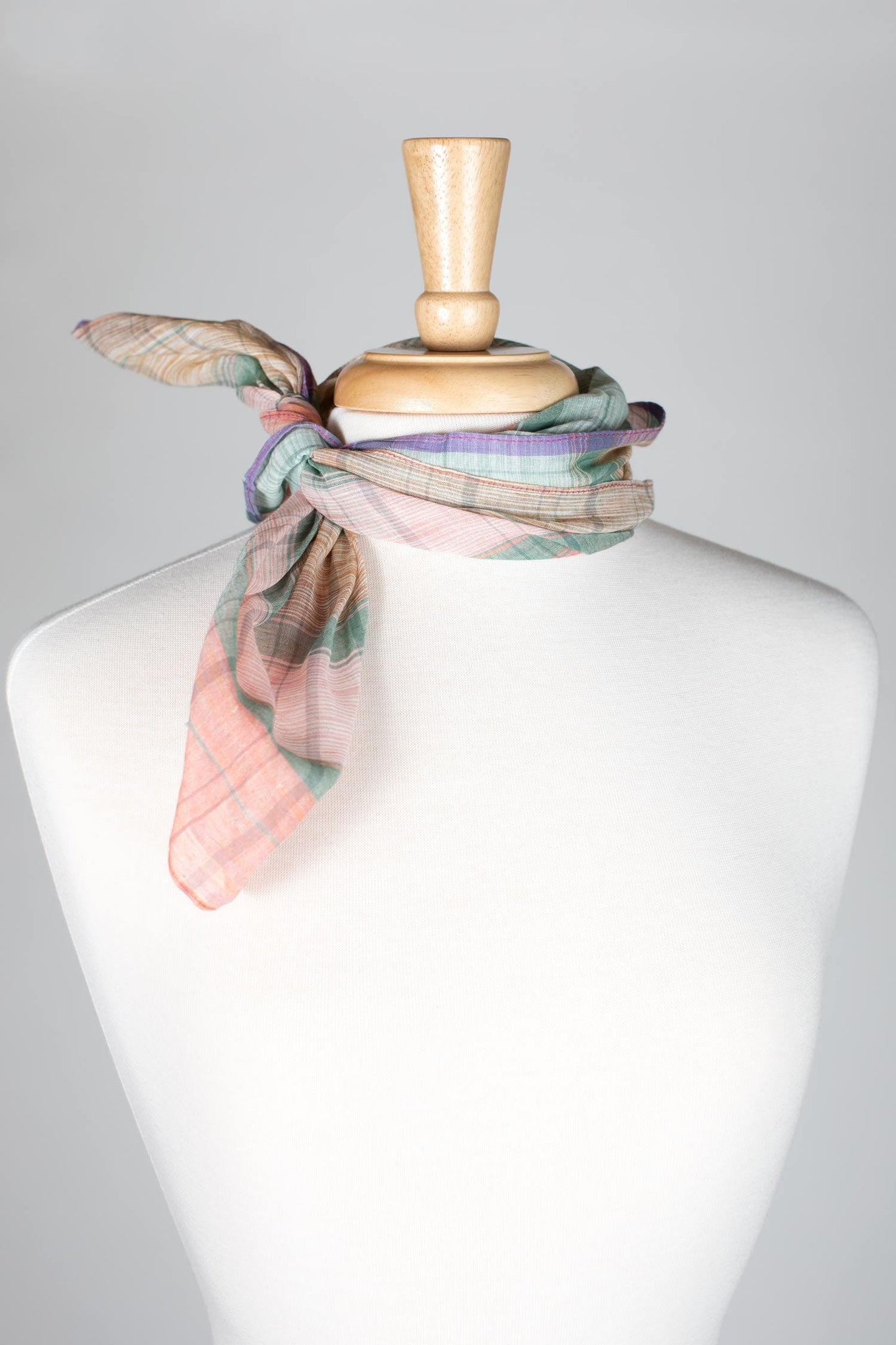 Scarf bandana plaid cotton 22x23 peach/green/tan