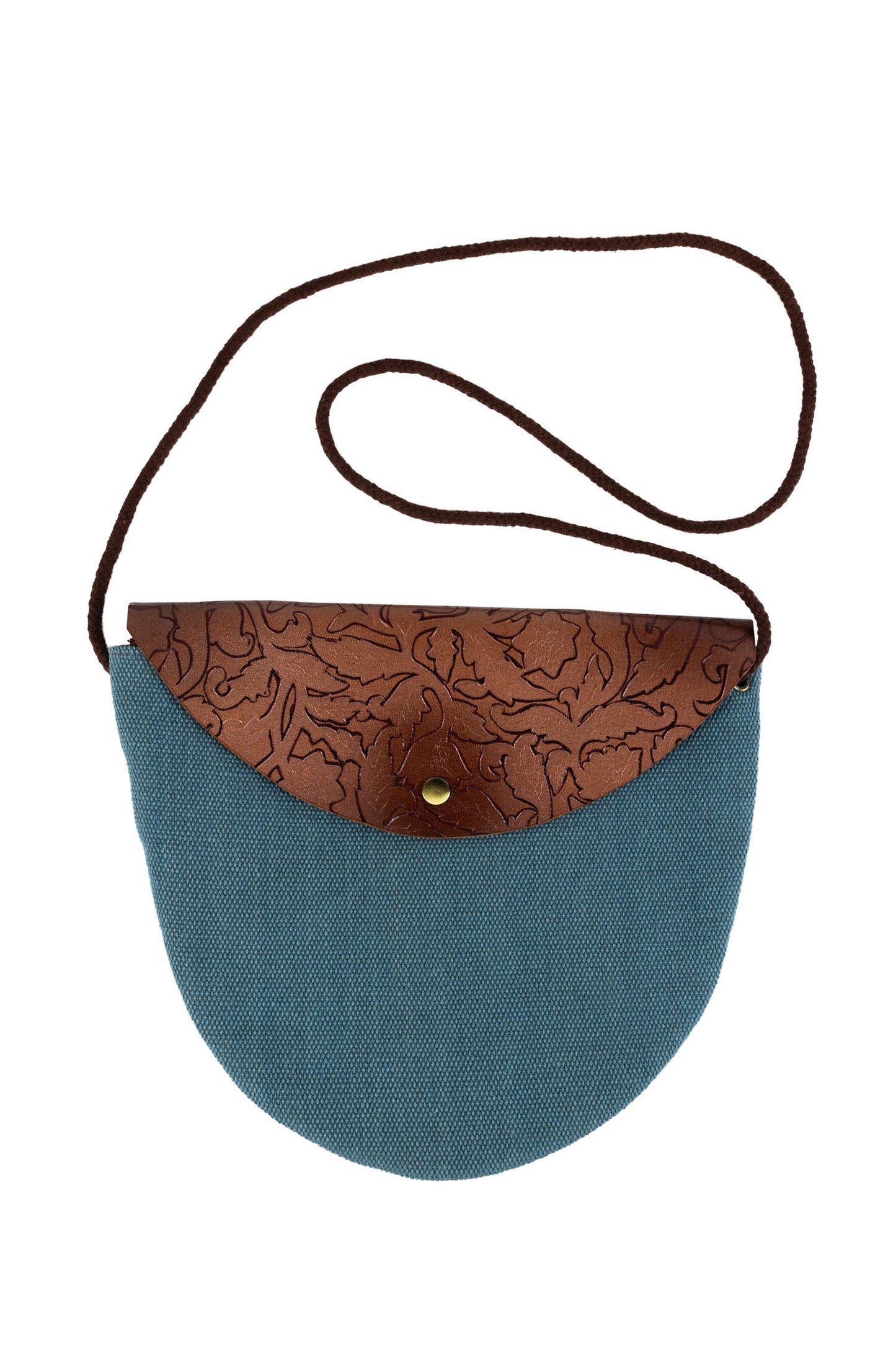 Purse half crcl Shanti lthr/canvas 12Wx10H blu/brn