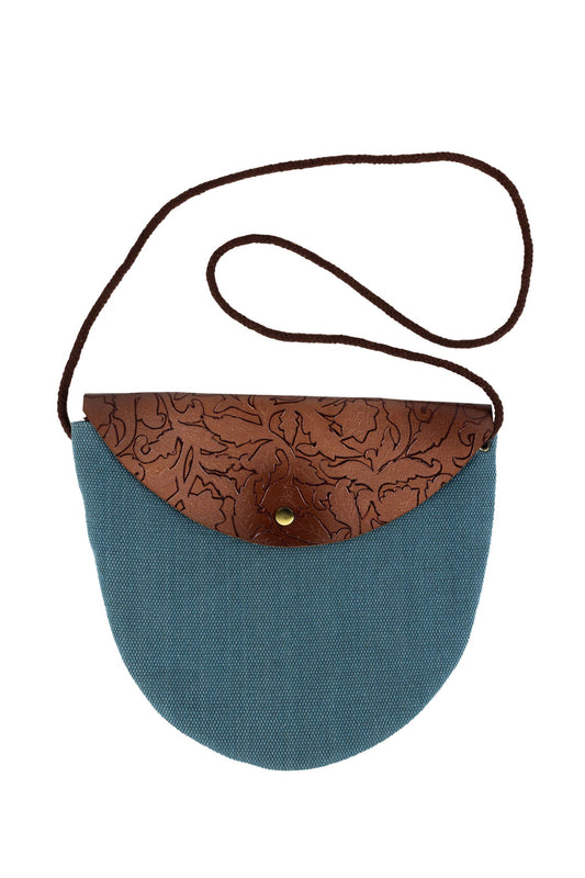 Purse half crcl Shanti lthr/canvas 12Wx10H blu/brn