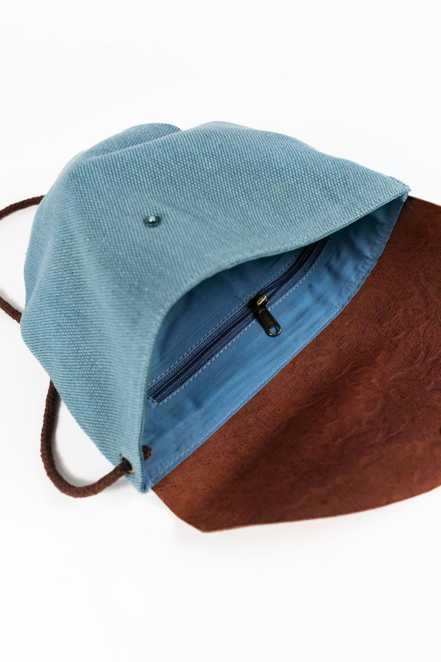 Purse half crcl Shanti lthr/canvas 12Wx10H blu/brn