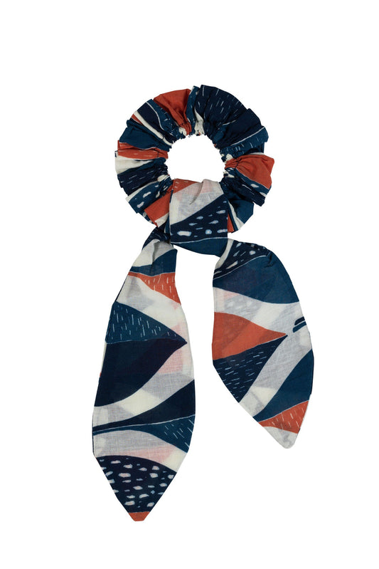 Hair scrunchie w/tie autumn lfs cttn blu/rust/wht