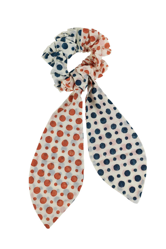 Hair scrunchie w/tie polka dots cotton wht/blu/red