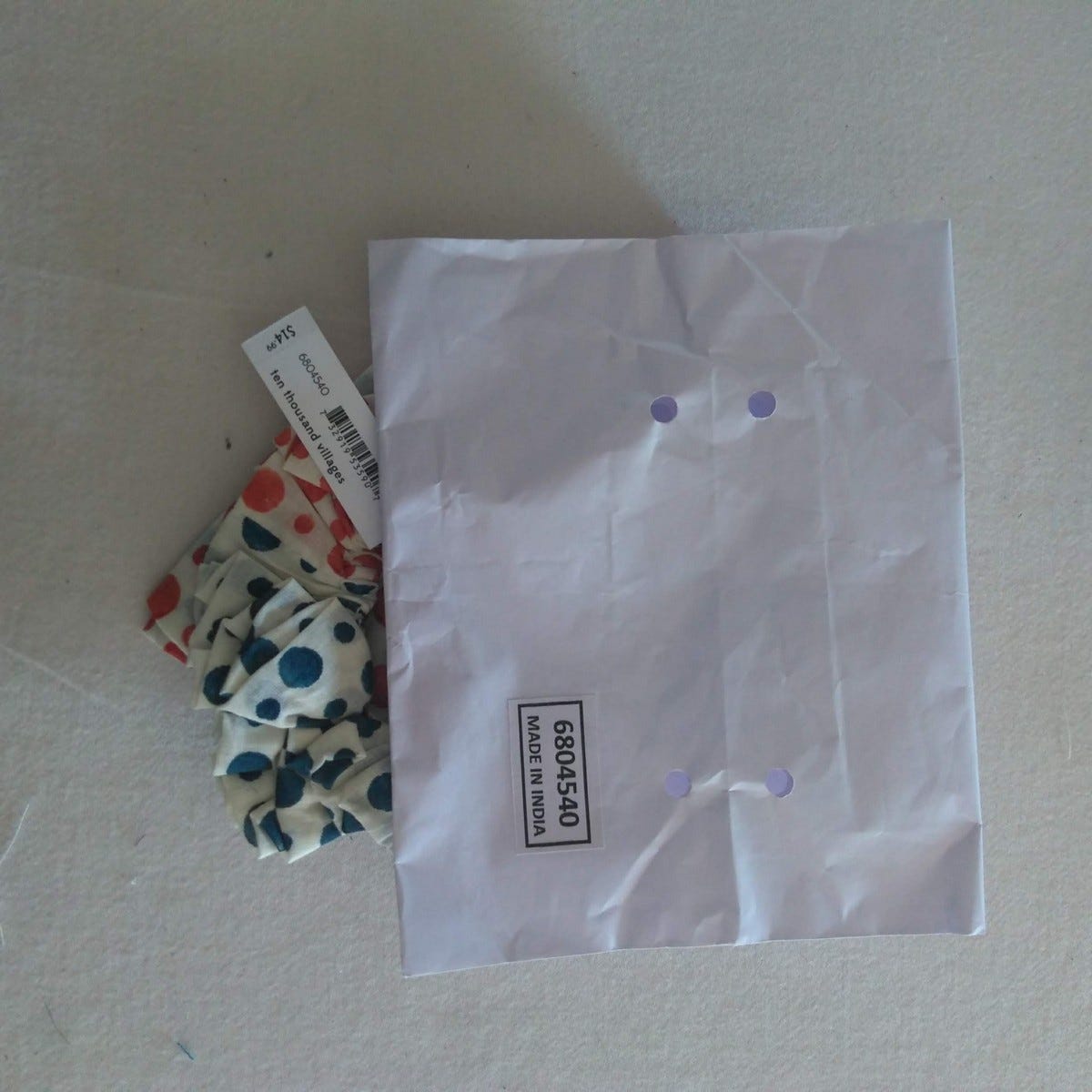 Hair scrunchie w/tie polka dots cotton wht/blu/red
