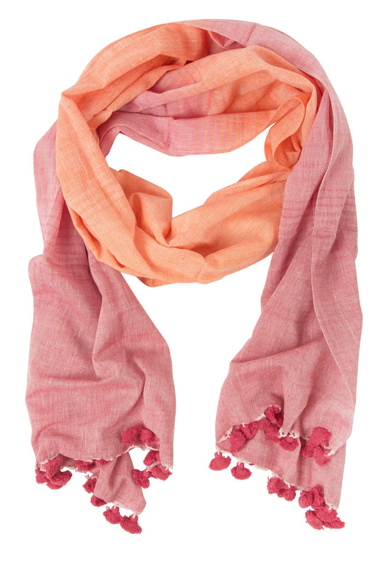 Scarf w/pompoms cttn 80L orange/red/rose