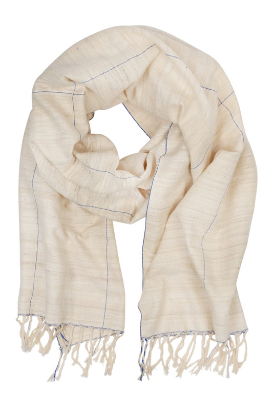 Scarf fine lines rough weave silk 86x20 cream/blue