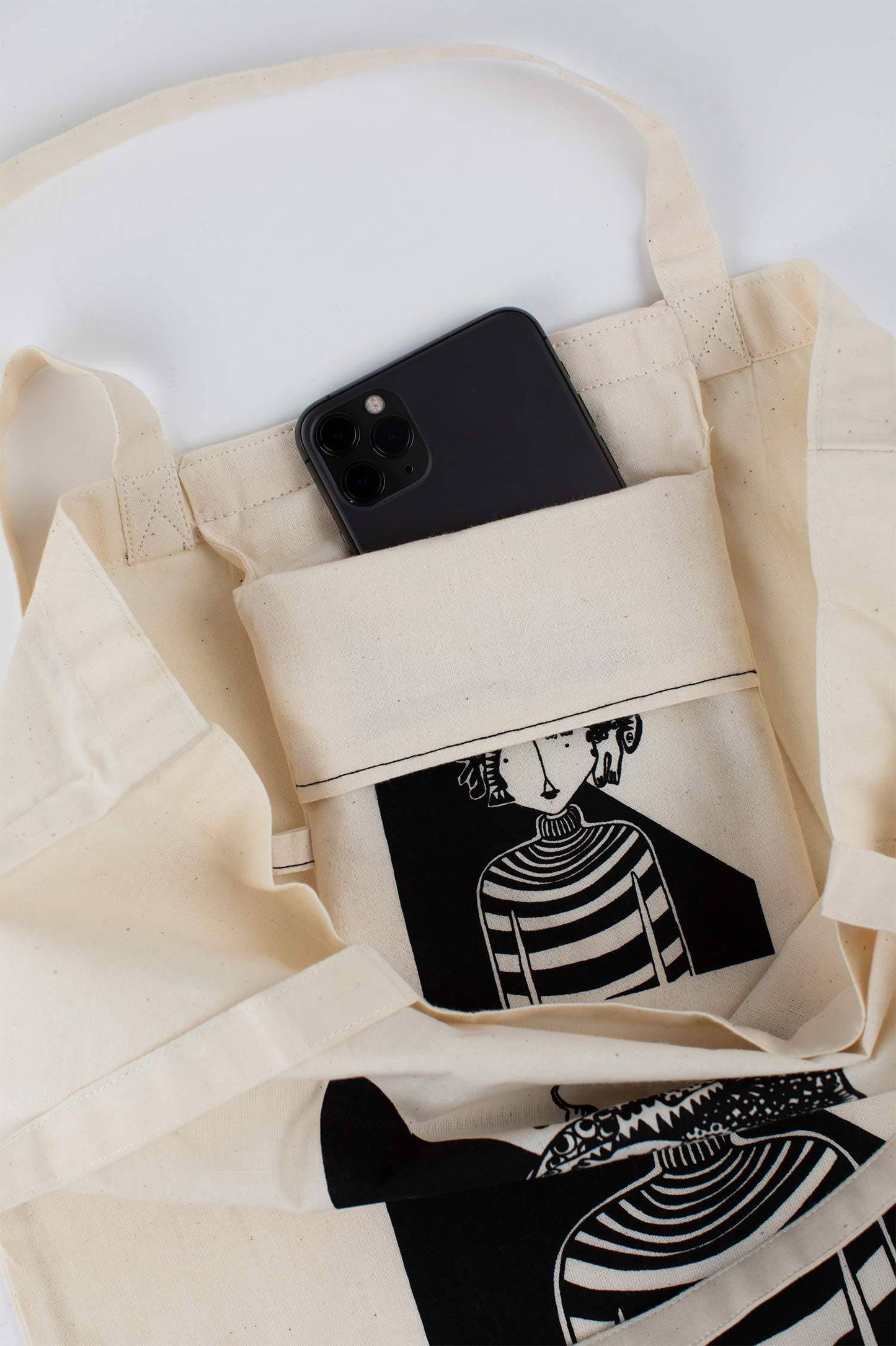 Shopping bag woman/fruit cotton 15Wx14H cream/blk