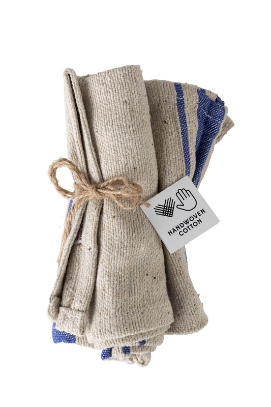 Dish cloths S/3 handwoven cotton 13sq tan/blue