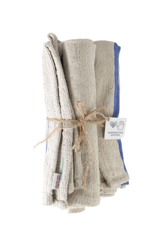 Tea towels S/3 handwoven cotton 29x21 tan/blue