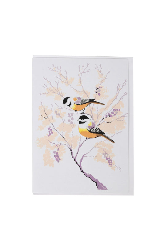 Card chickadees/tree M/3 paper 5x7 wht/blk/yel
