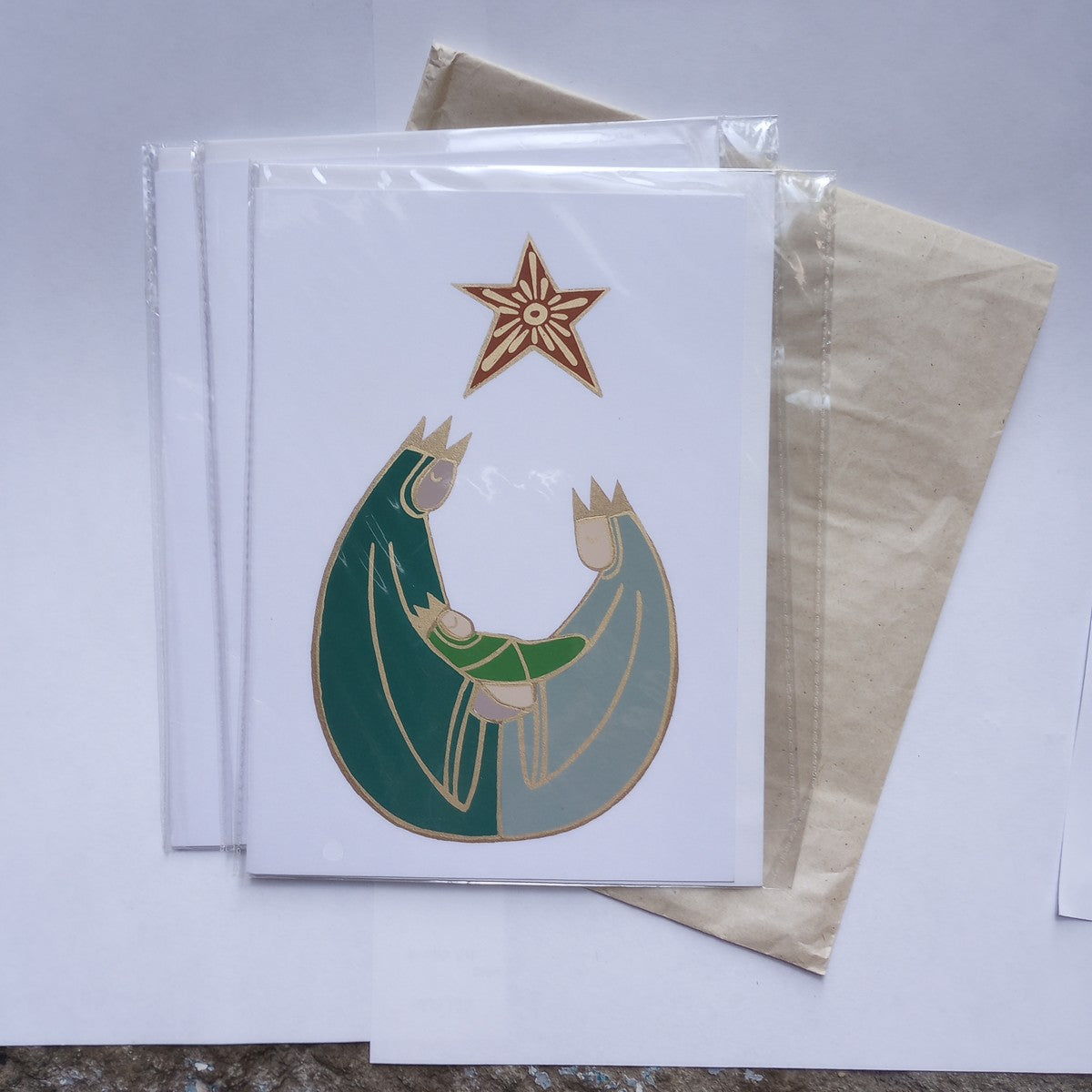 Card holy family w/star M/3 paper 5x7 wht/grn/gld