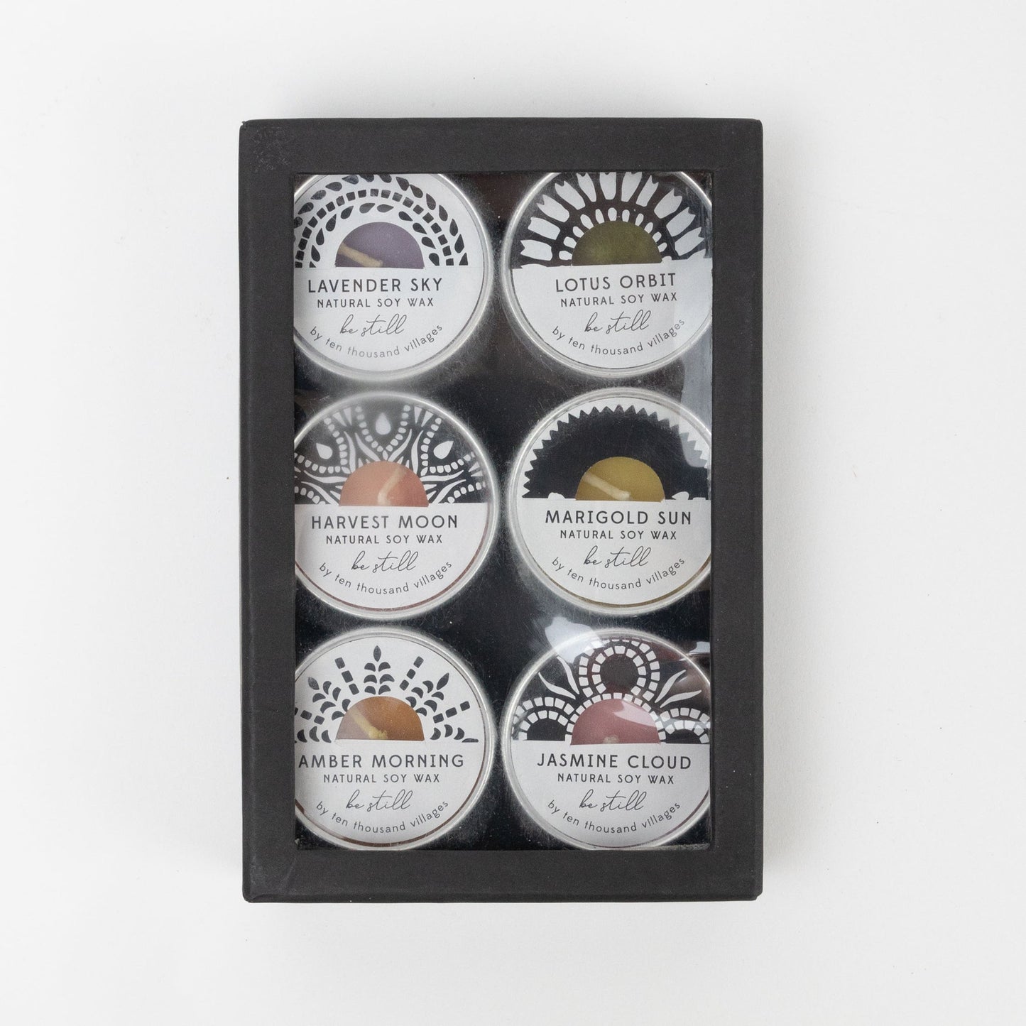 Candles in tins s/6 w/box 2D|6.5L multi/silv/blk