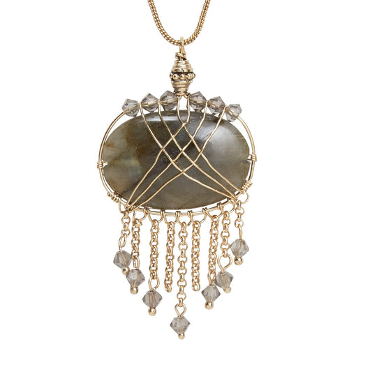 Necklace wrap stone pend w/dngl 34L gld/gry