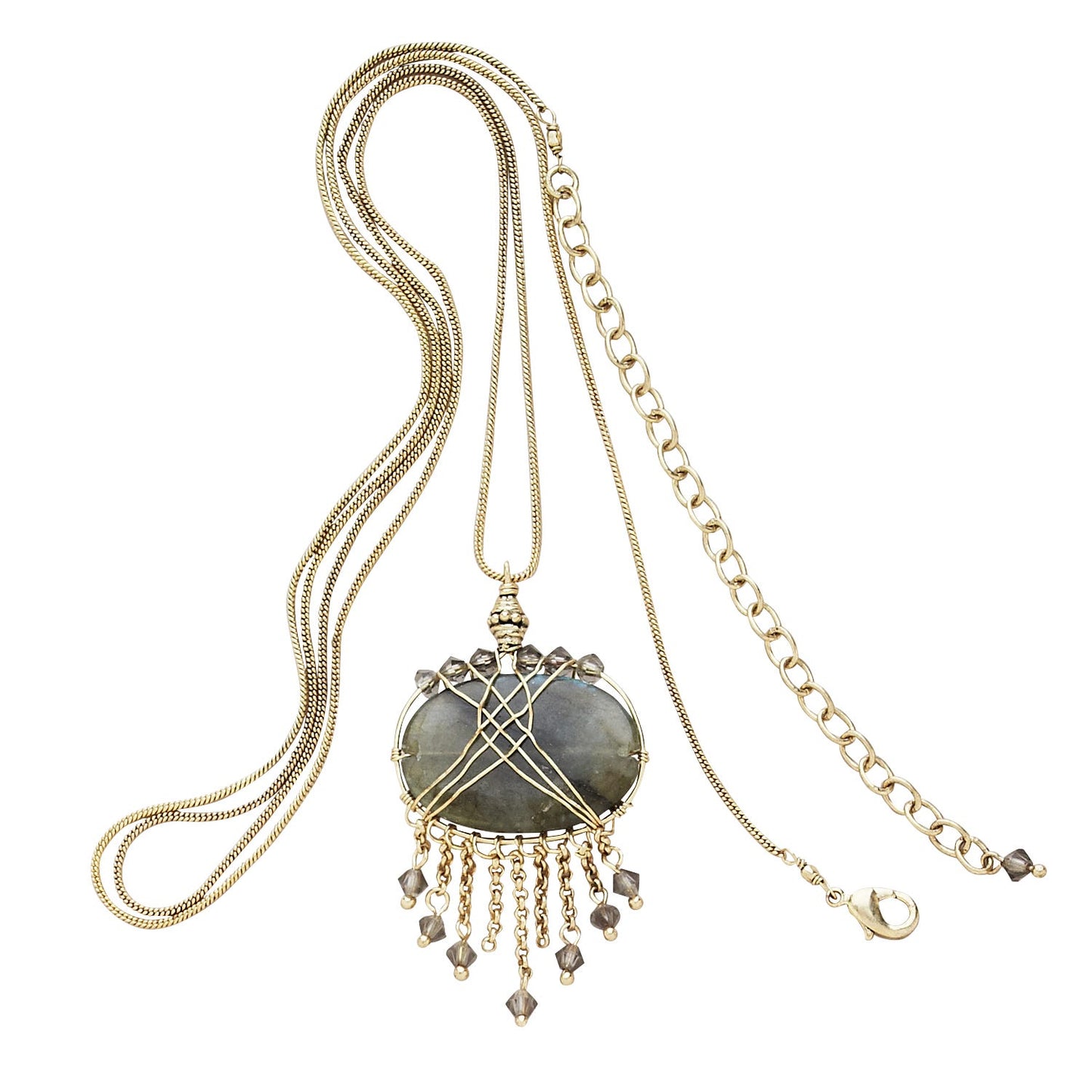 Necklace wrap stone pend w/dngl 34L gld/gry