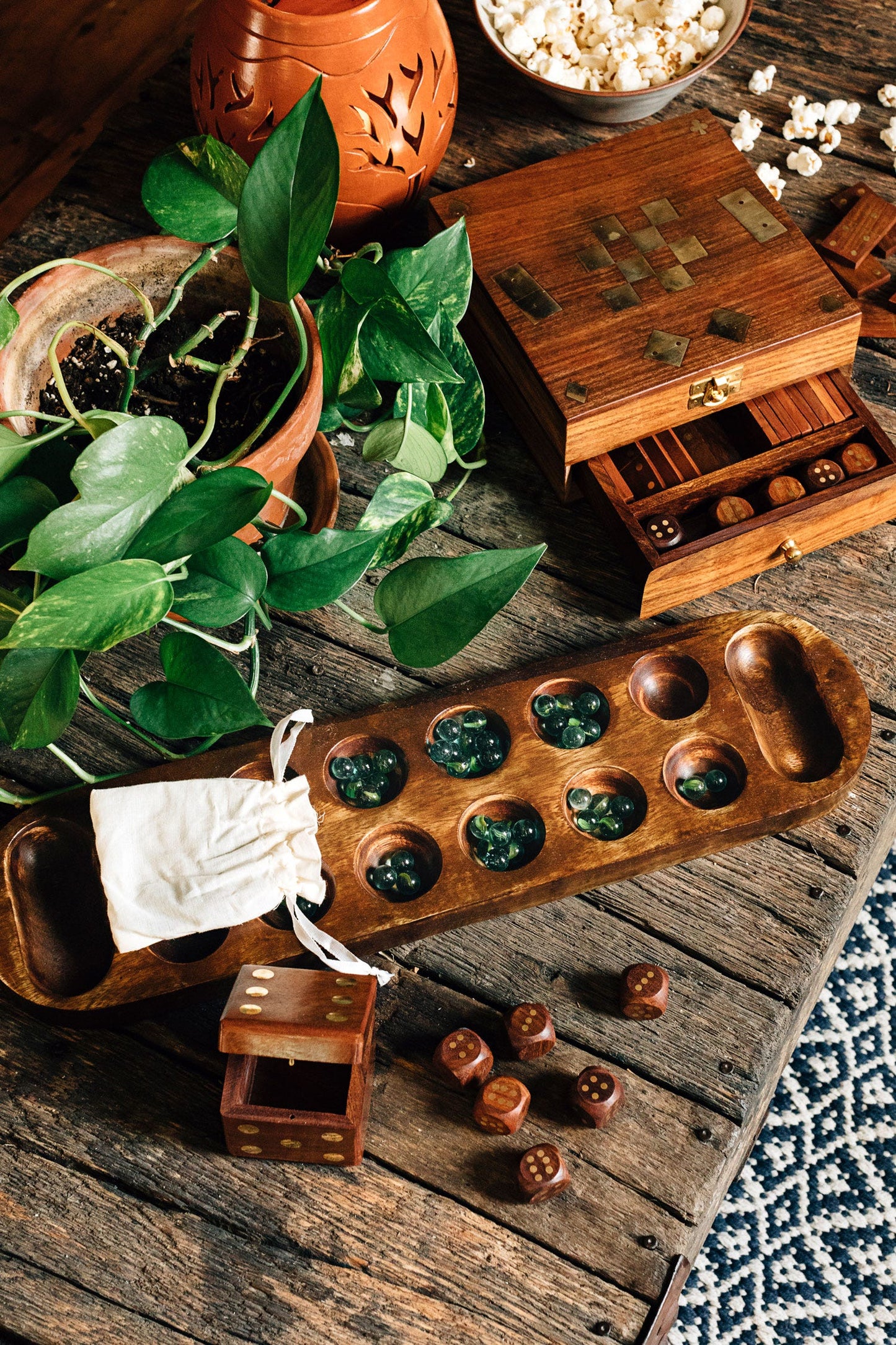 Mancala game w/marbles wood 18Lx5W brown