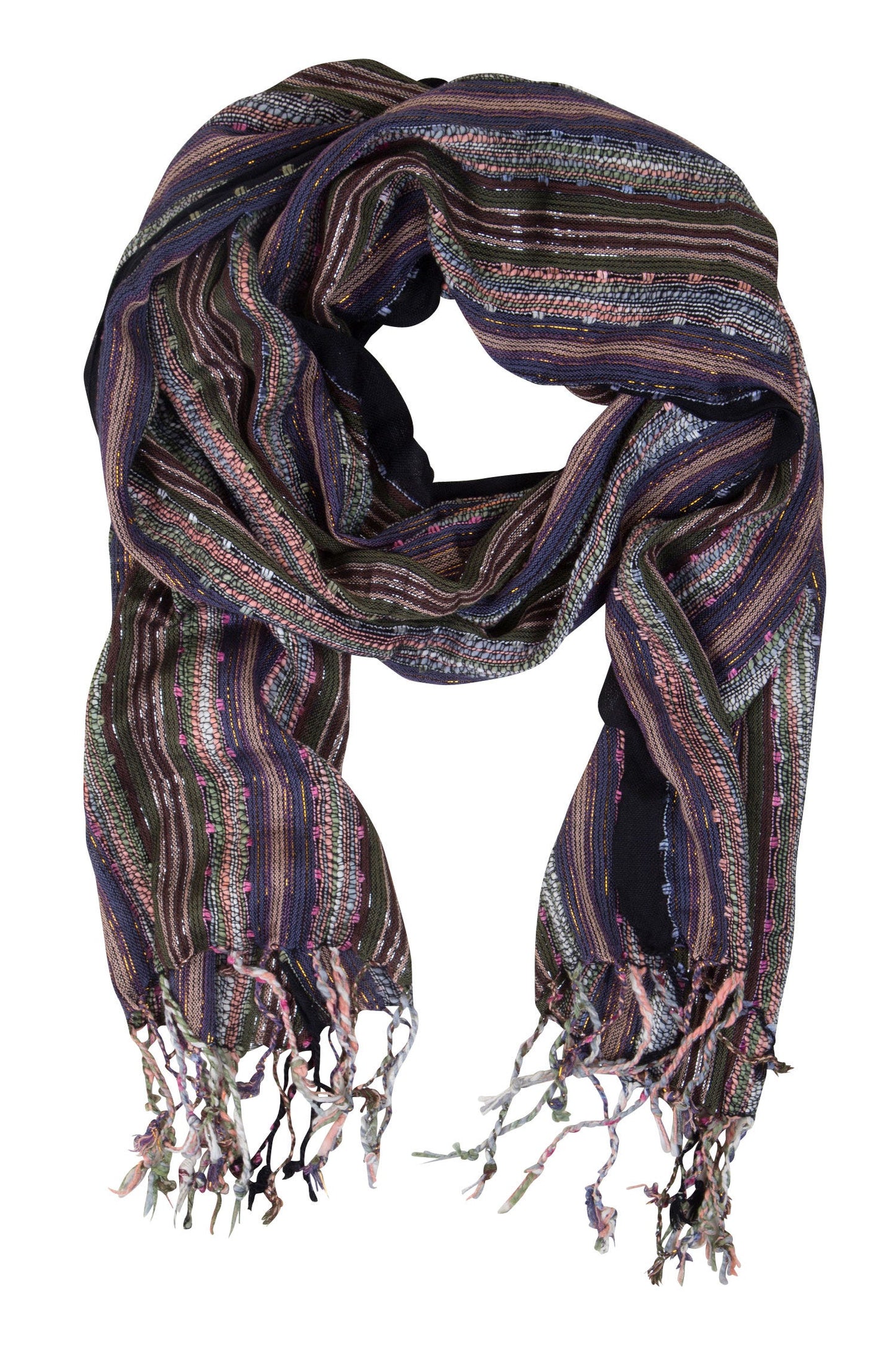 Scarf rough weave viscose 70x19 green/navy/pink