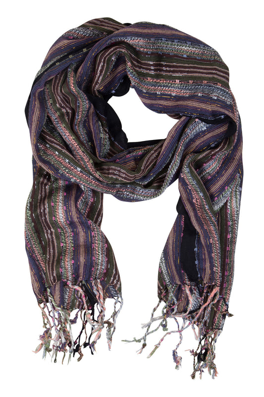 Scarf rough weave viscose 70x19 green/navy/pink