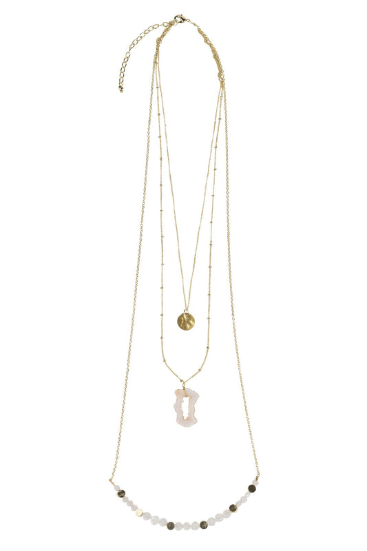 Necklace 3 layers brass/stones 20L gold/white