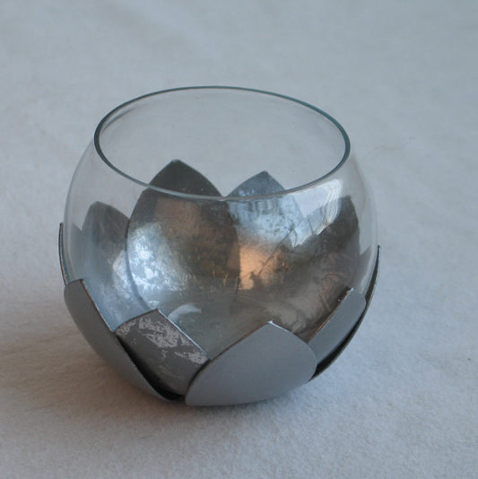 Candleholder votive leaves glass/mtl 3.5D silv CA