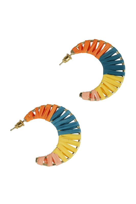 Earrings post wrapped crescent raffia 1.75D multi