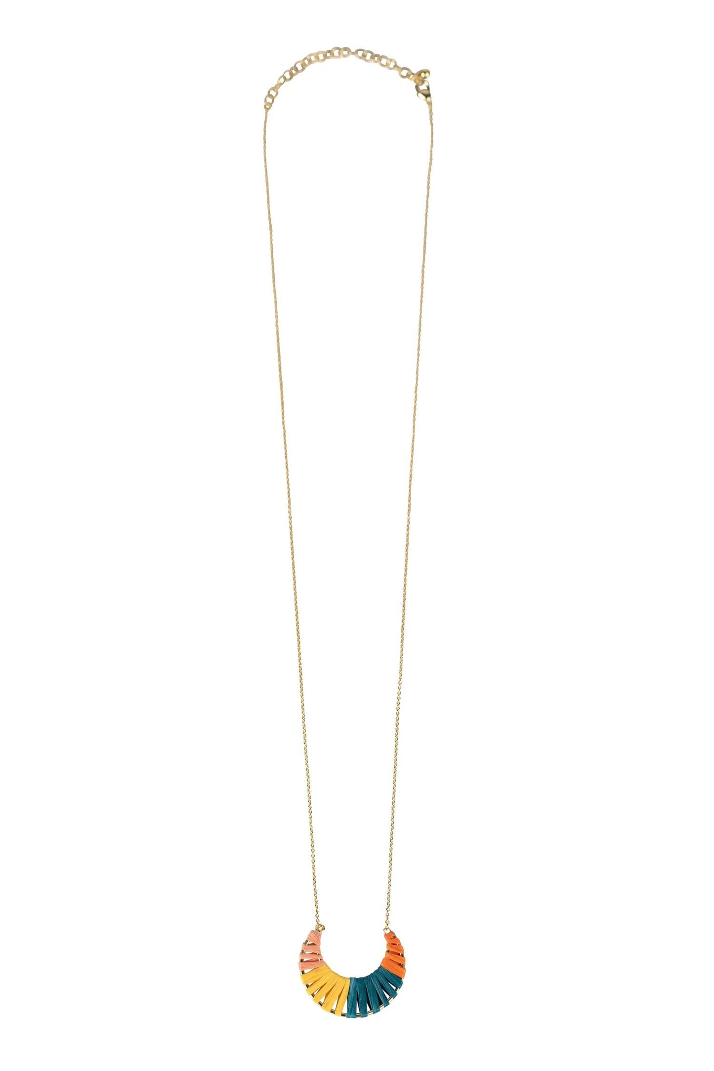 Necklace wrapped crescent pend raffia 30L multi
