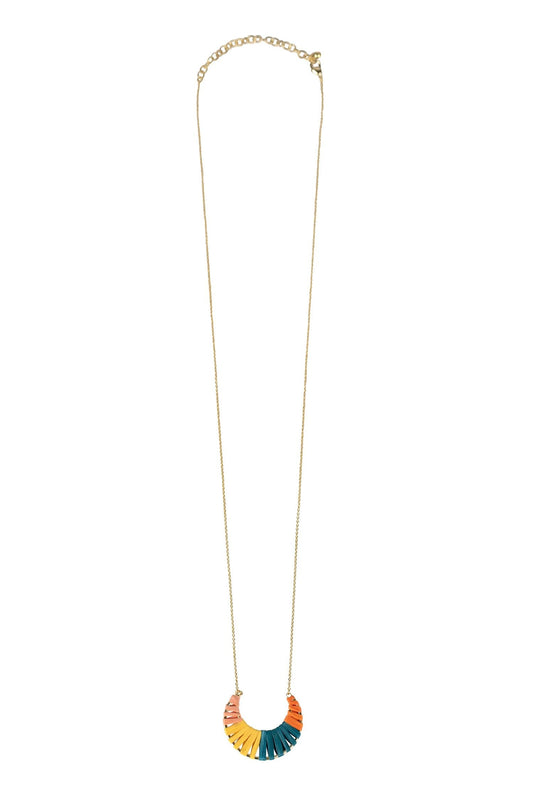 Necklace wrapped crescent pend raffia 30L multi
