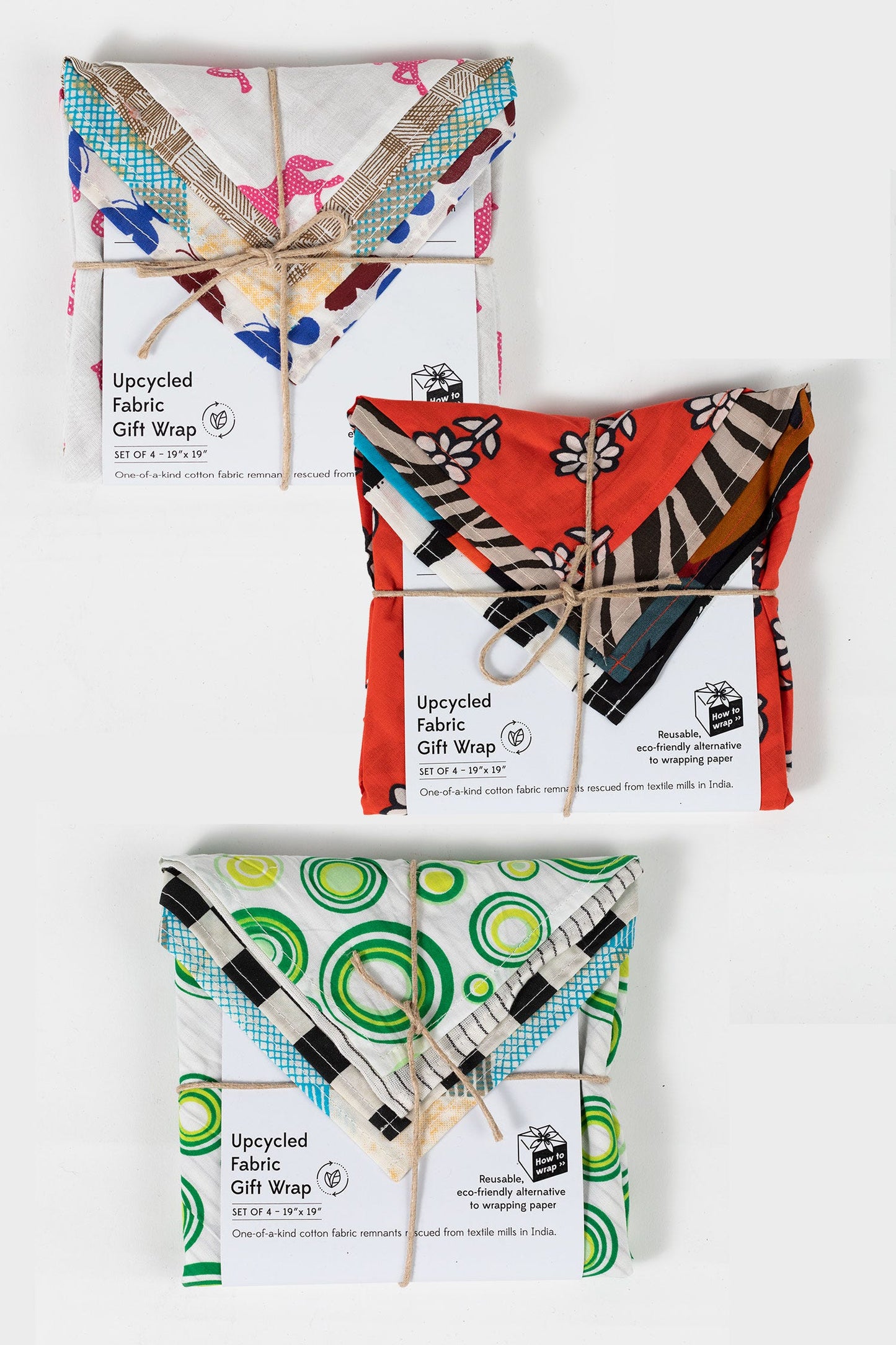 Gift wrap s/4 upcycled cotton 19sq asst