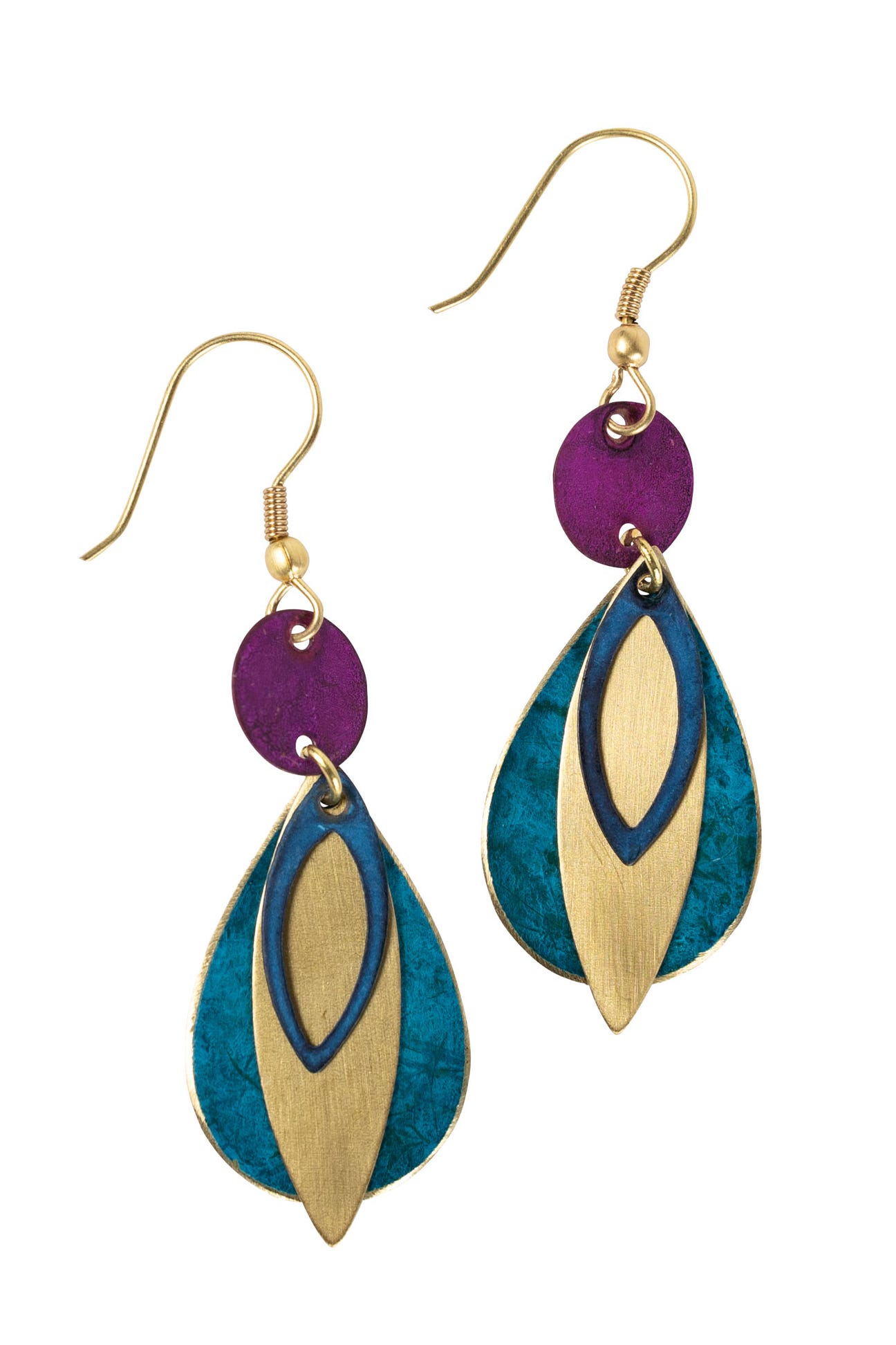 Earrings layered ovals metal 2.5L teal/gld/fuchsia
