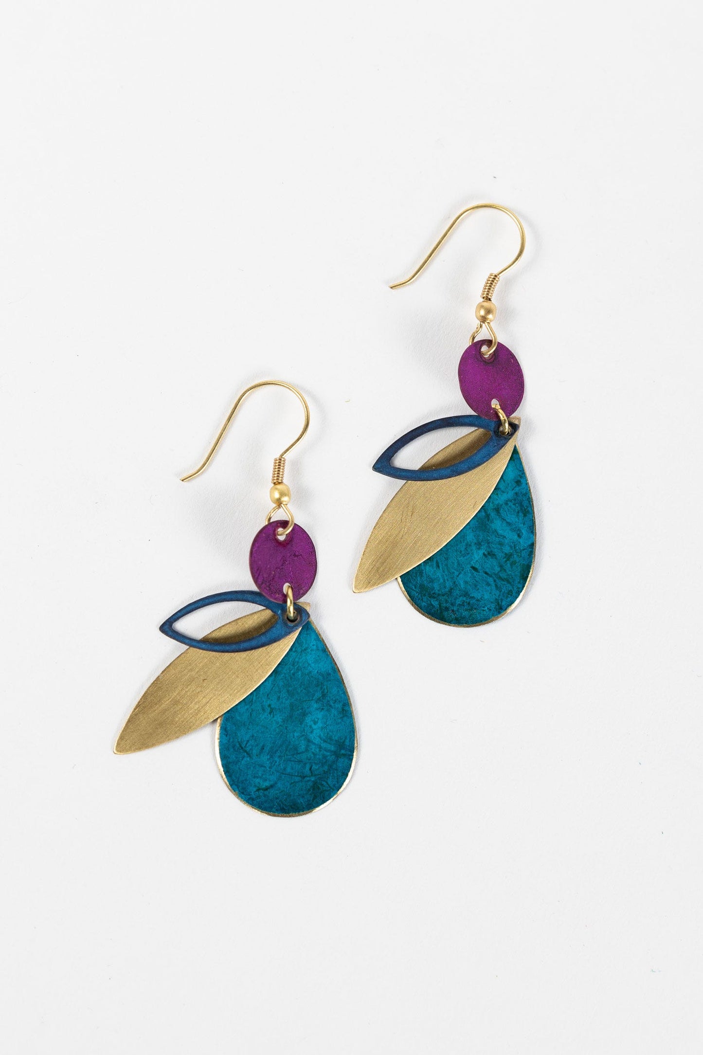 Earrings layered ovals metal 2.5L teal/gld/fuchsia