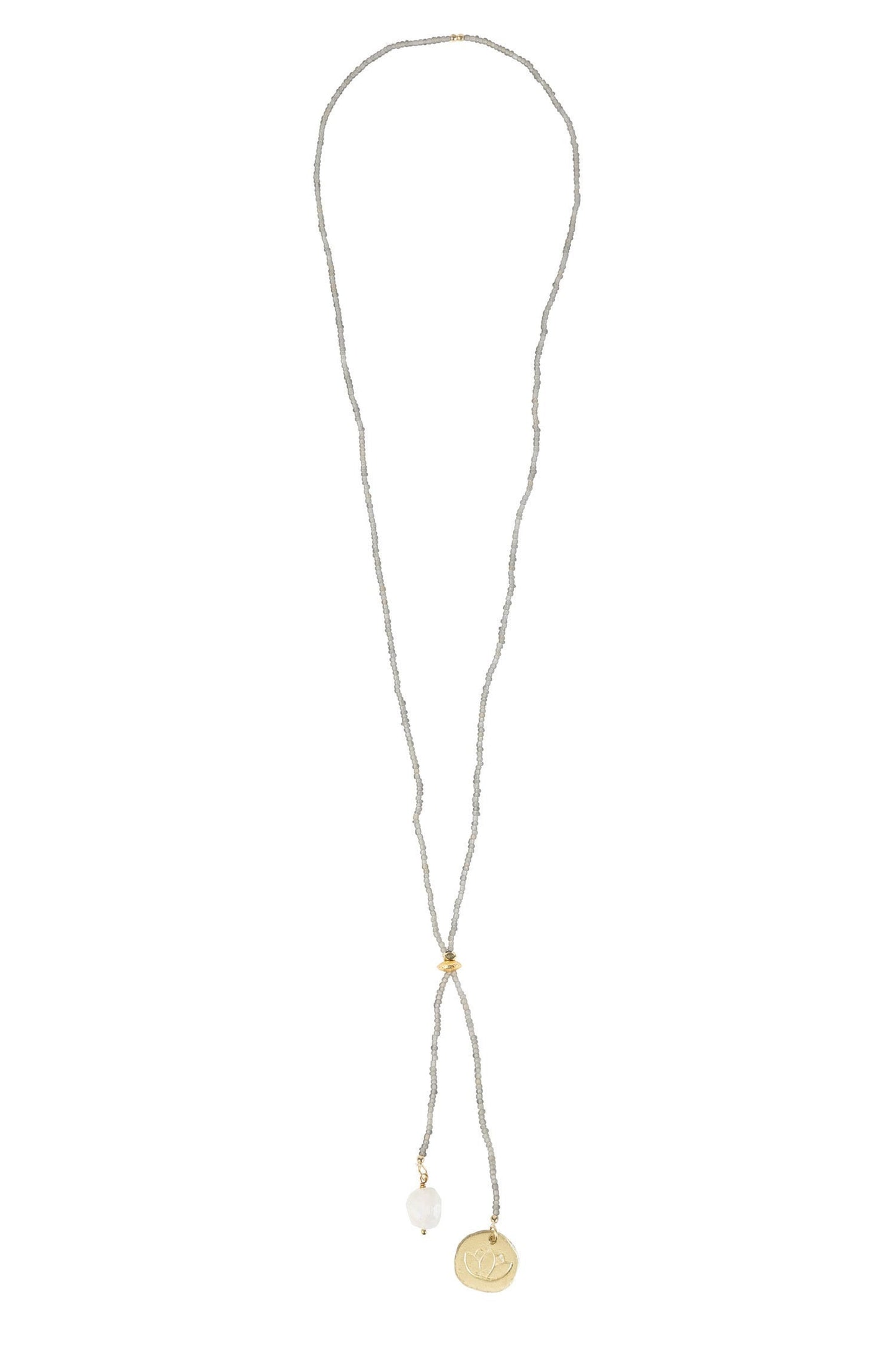 Necklace lariat stone/disc charm glass/mtl gry/wht