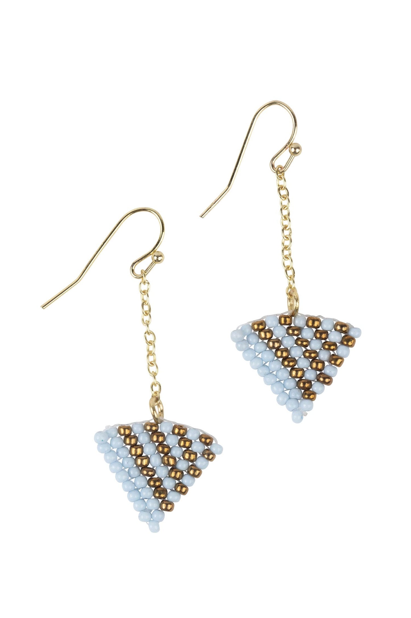 Earring drop art deco trngl glass/mtl 2L blu/gld