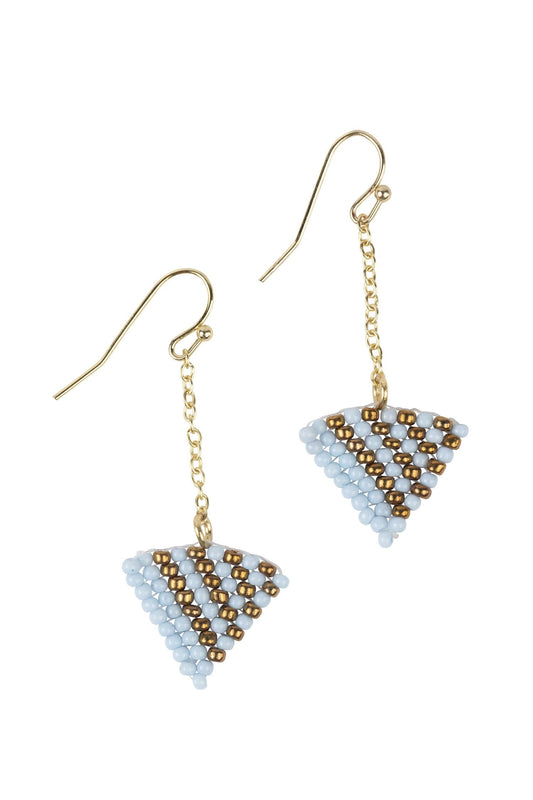 Earring drop art deco trngl glass/mtl 2L blu/gld