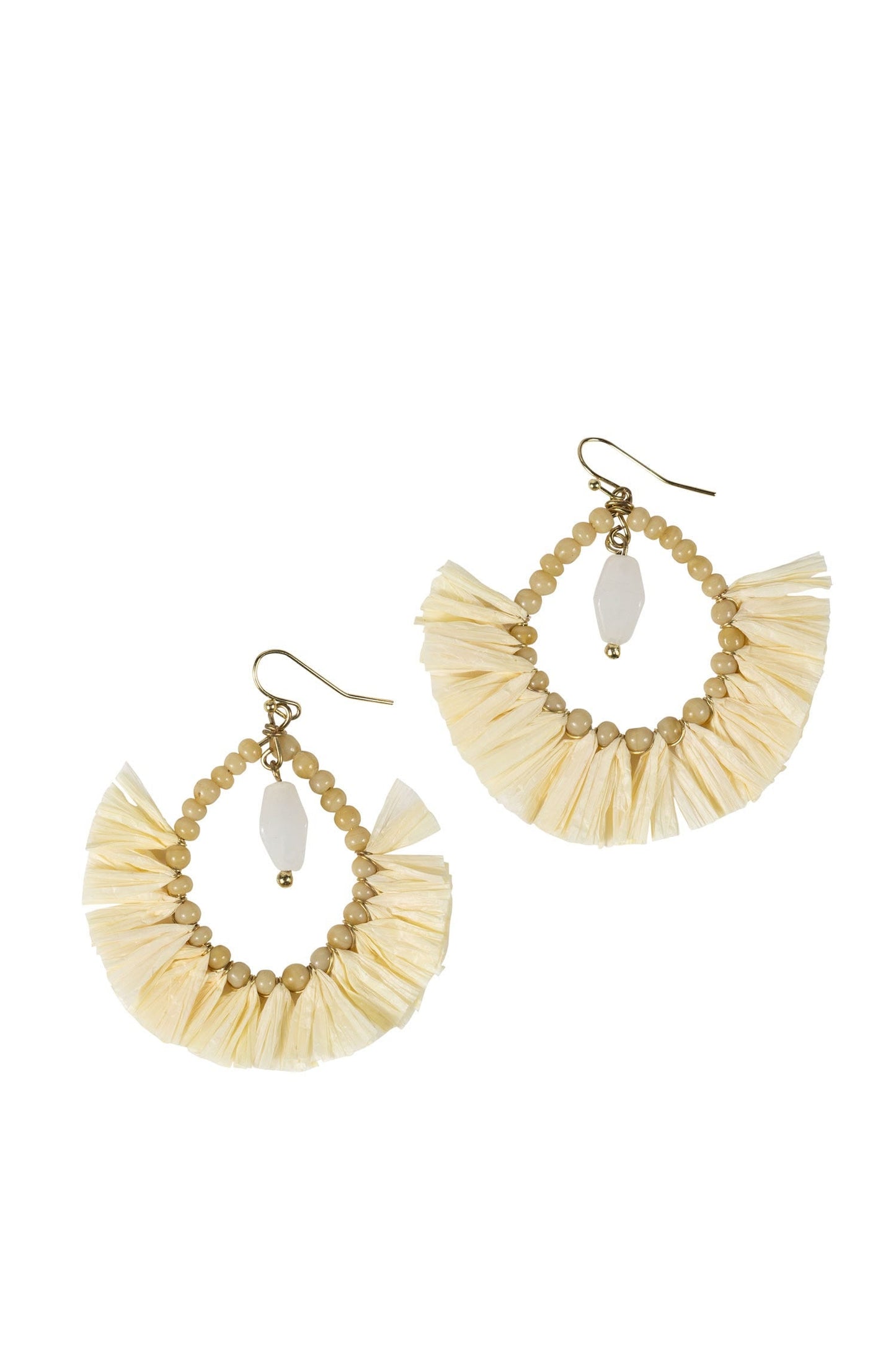 Earrings fringed/beaded crcl raffia/glass 2.5L crm