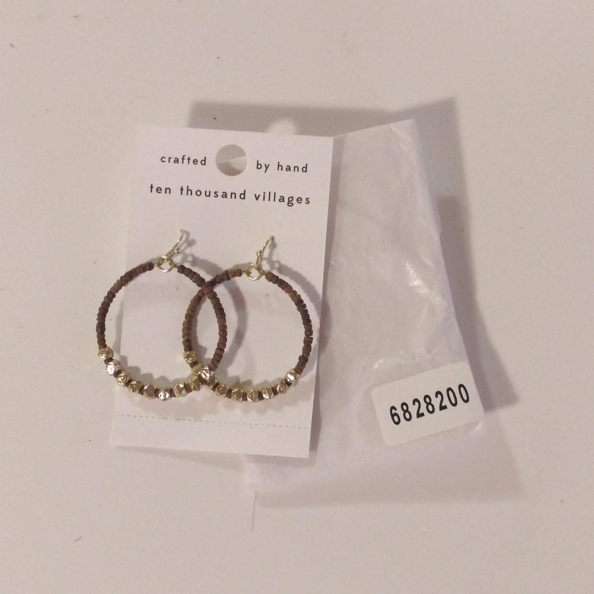 Earrings drop beaded hoop wd/br 1.25D brn/gld