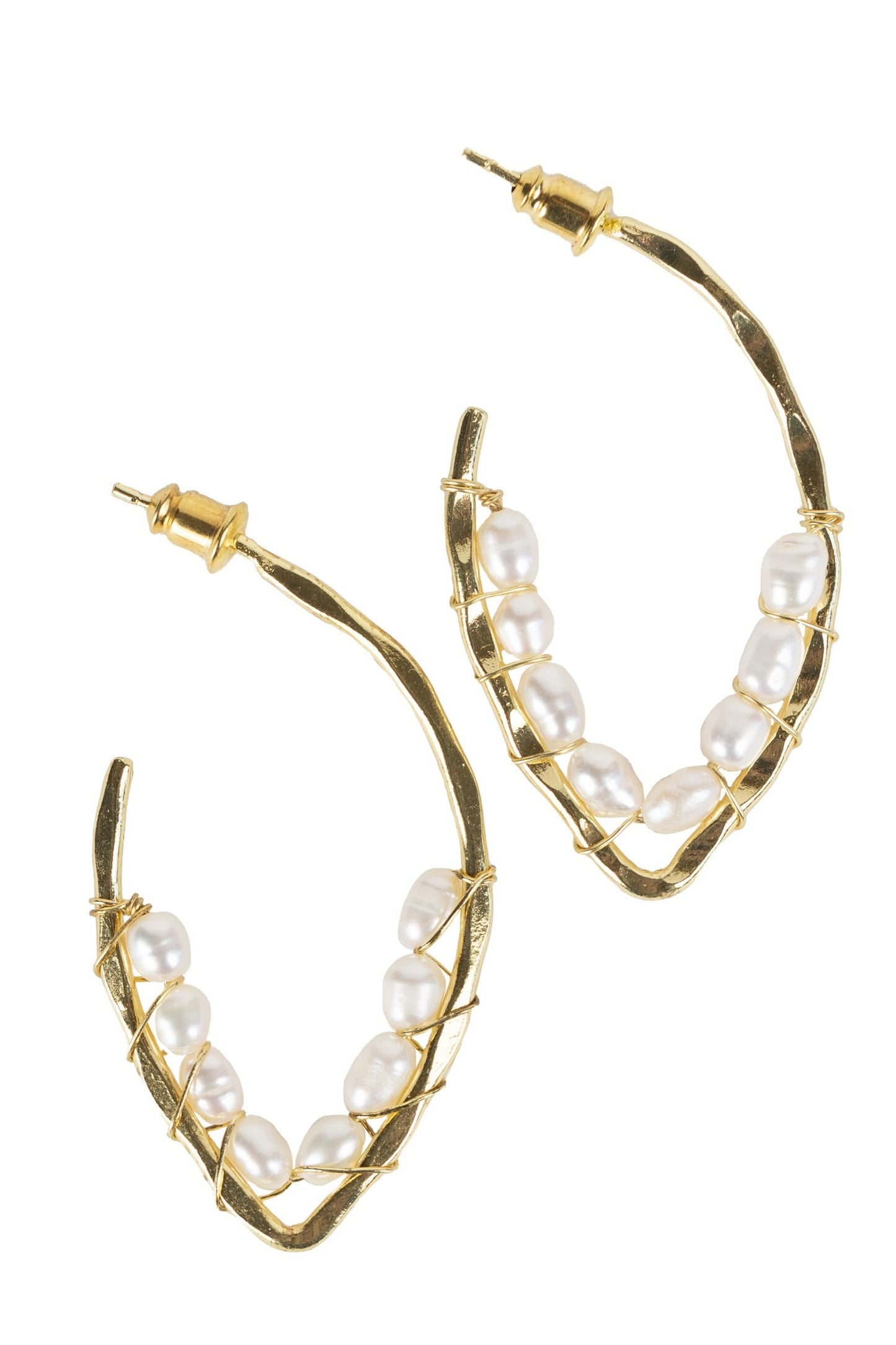 Earrings post oval wrap pearls/brass 1.75L gld/wht