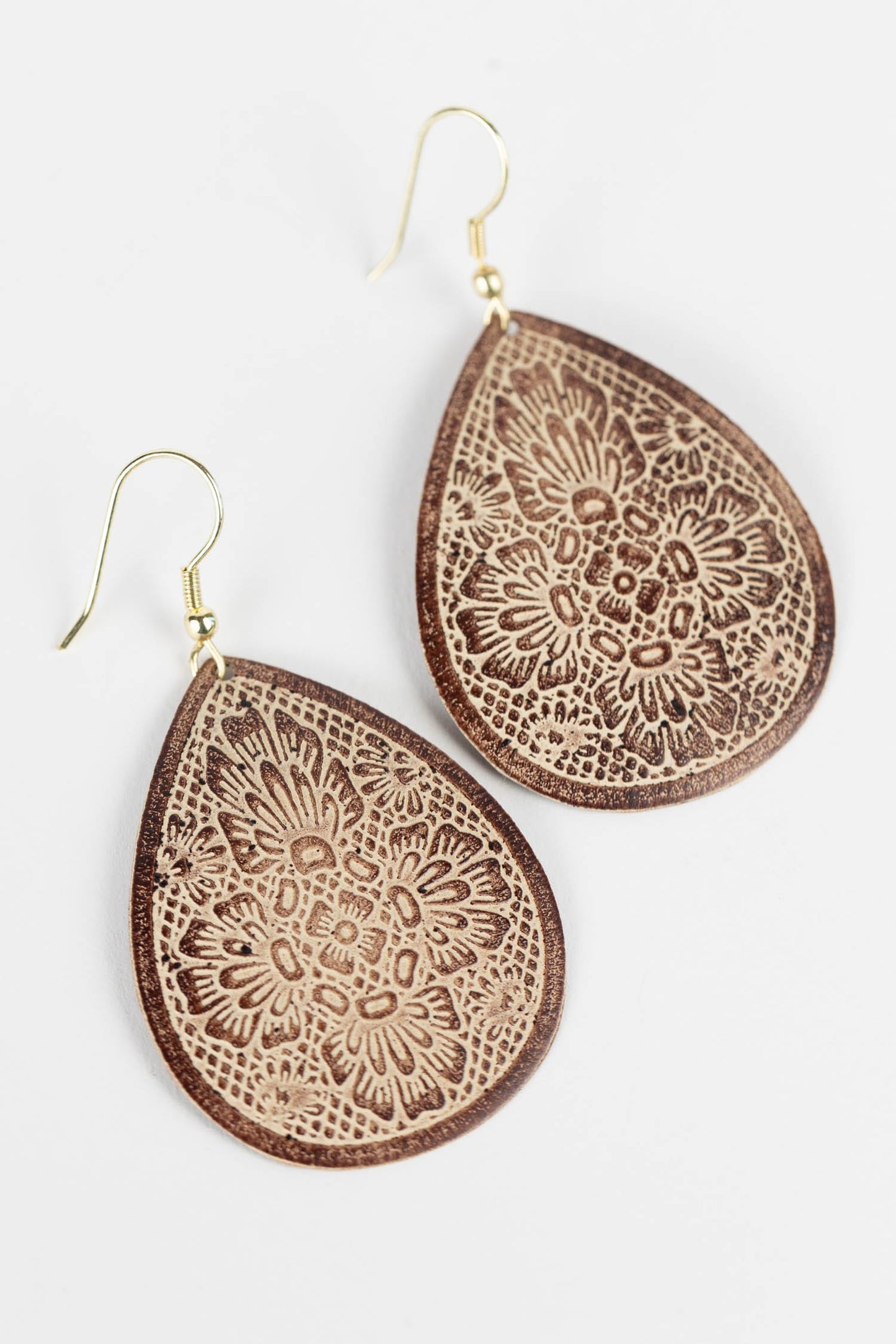 Earrings large regal teardrop embossed br 2.5L brn