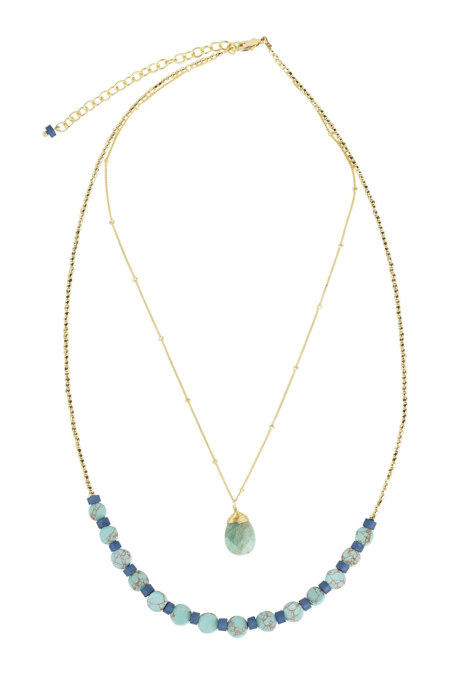Necklace 2 layers disc/beads 17L turq/gold