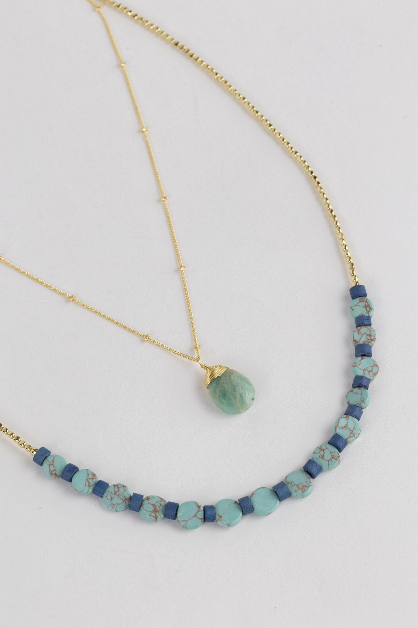 Necklace 2 layers disc/beads 17L turq/gold