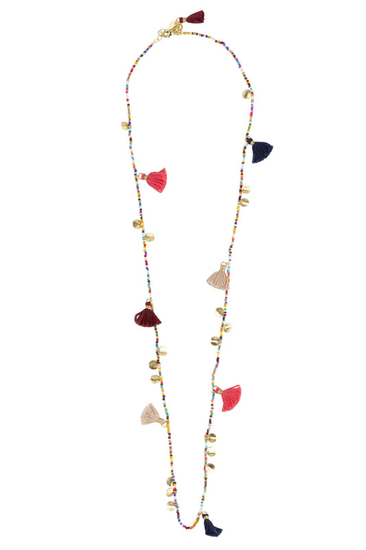 Necklace bead/disc/tassels glass/string 34L multi