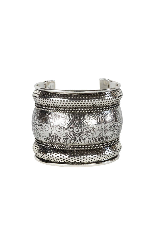 Bracelet cuff embossed floral brass 2.25W silver