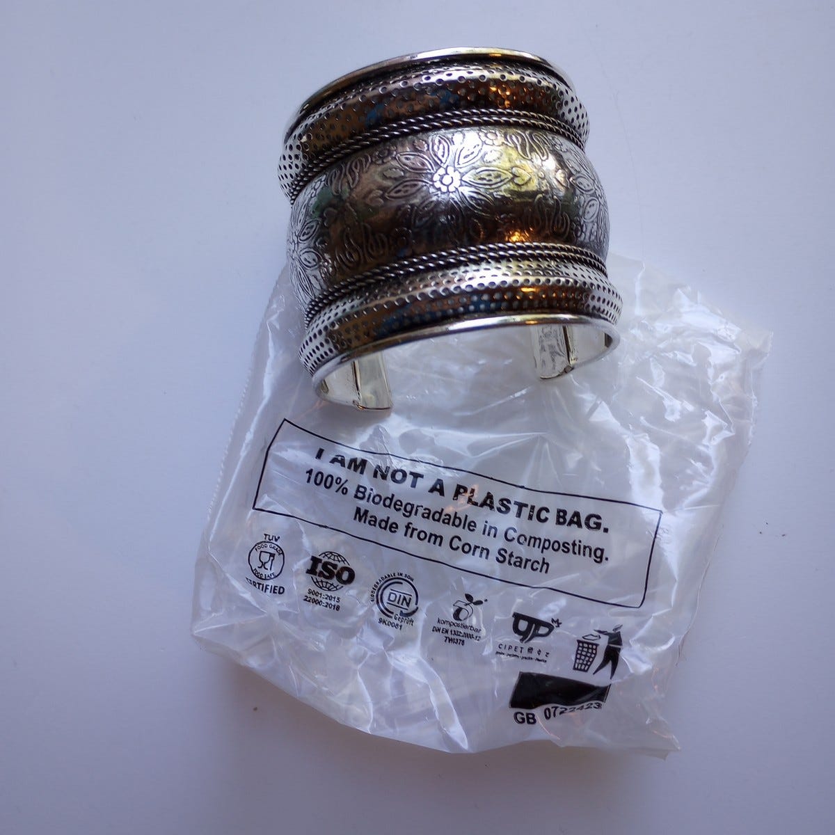 Bracelet cuff embossed floral brass 2.25W silver