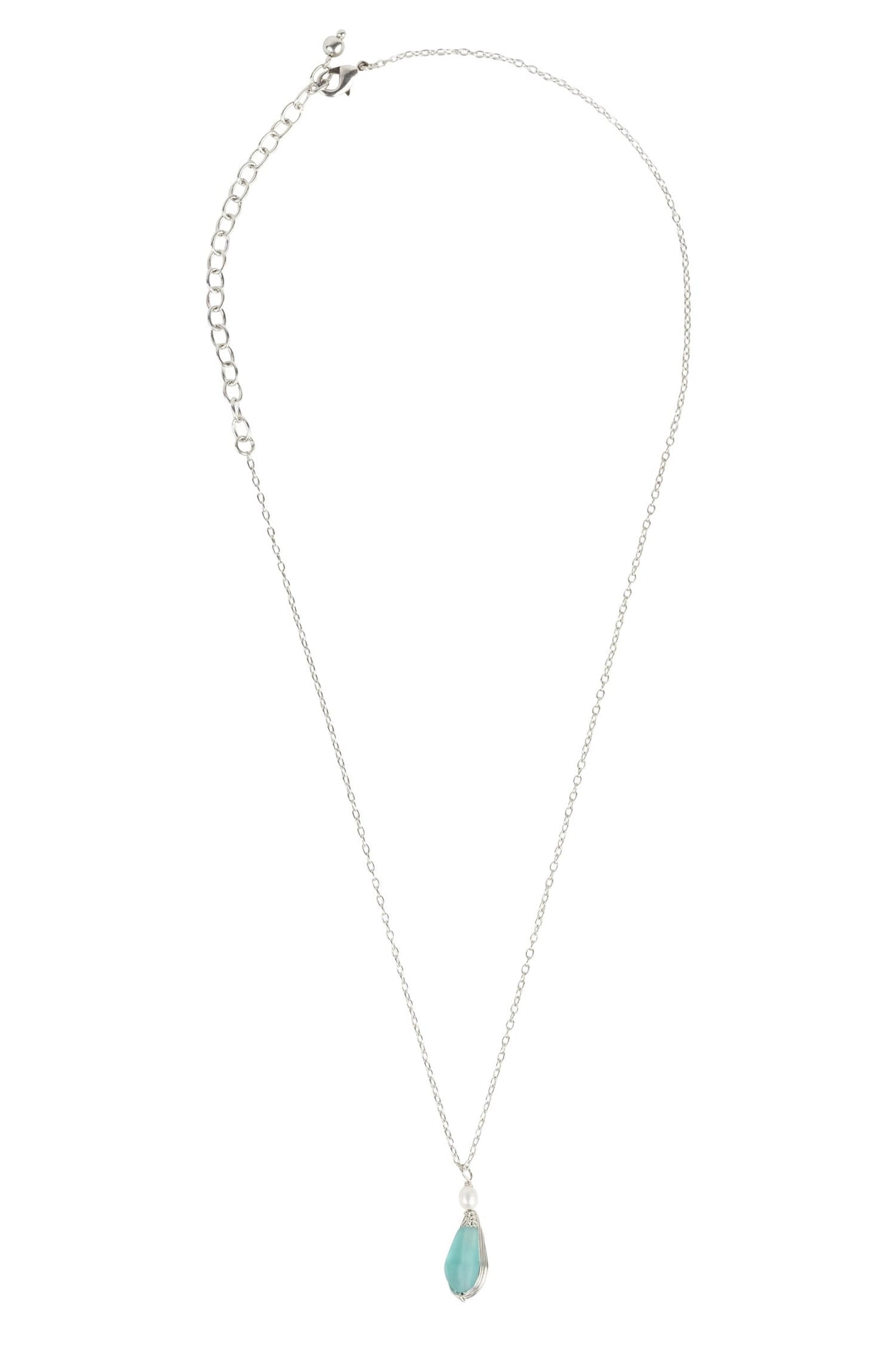 Necklace wrapped pend glass/pearl 17L aqua/silv
