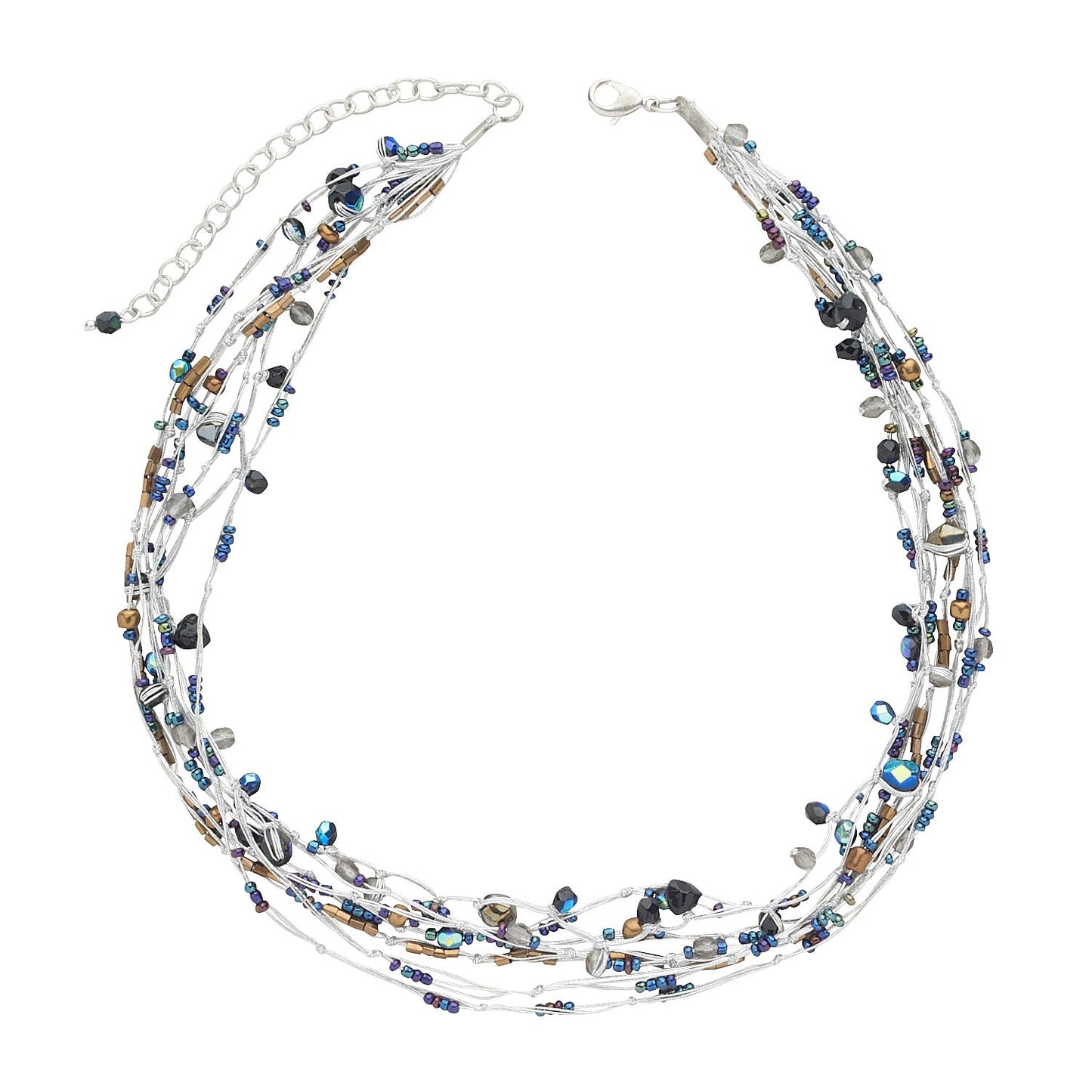 Necklace mltistrnd thread/bead irdscnt blac/silver